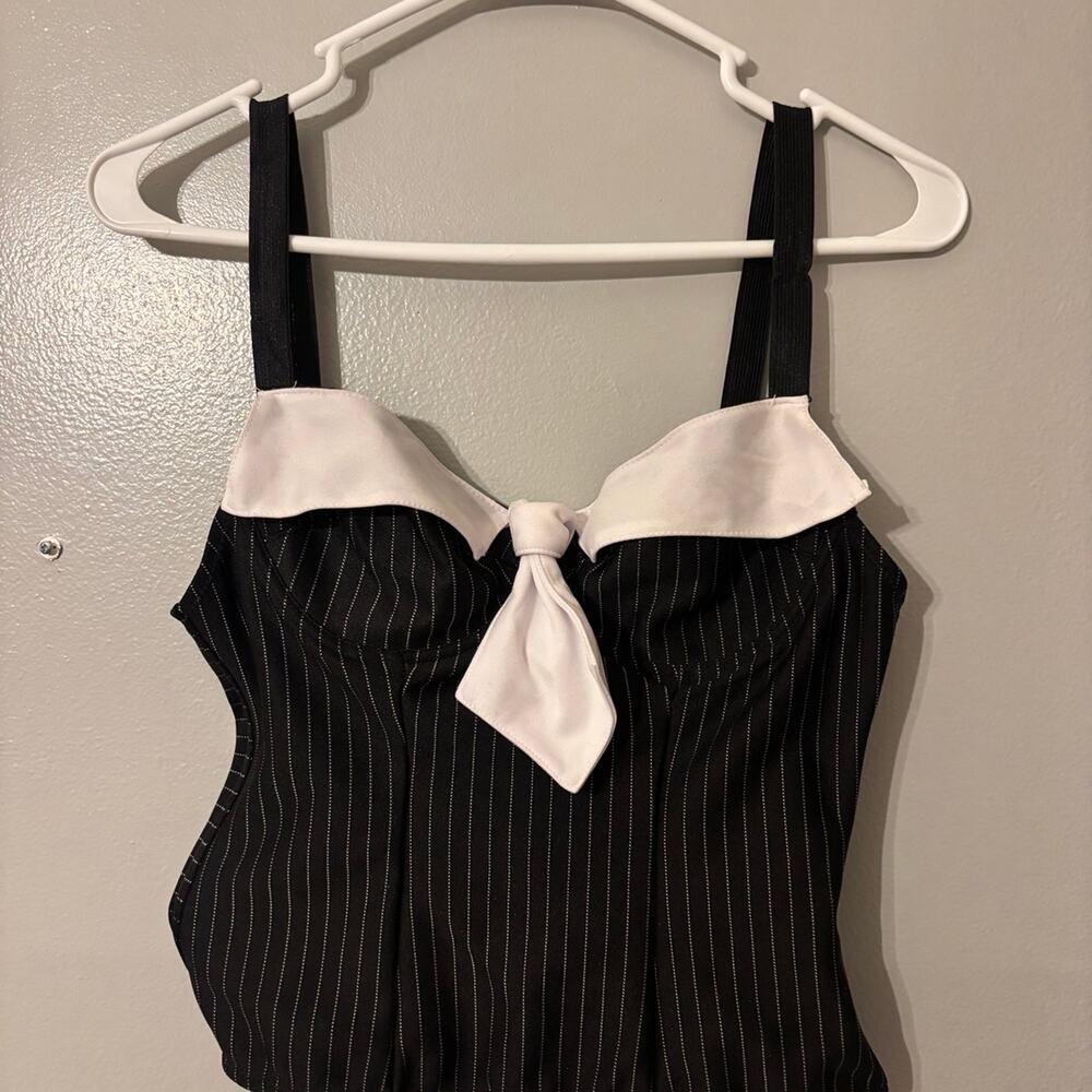 Black punk corset Black striped white collar bow tie medium